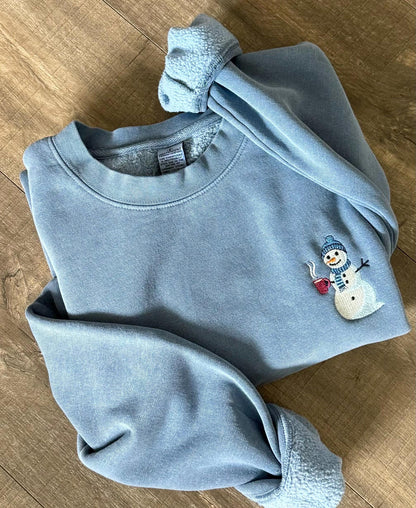 Embroidered Coffee Drinking Snowman Crewneck Sweatshirt: Trendy High Quality Pigment Dyed Pullover
