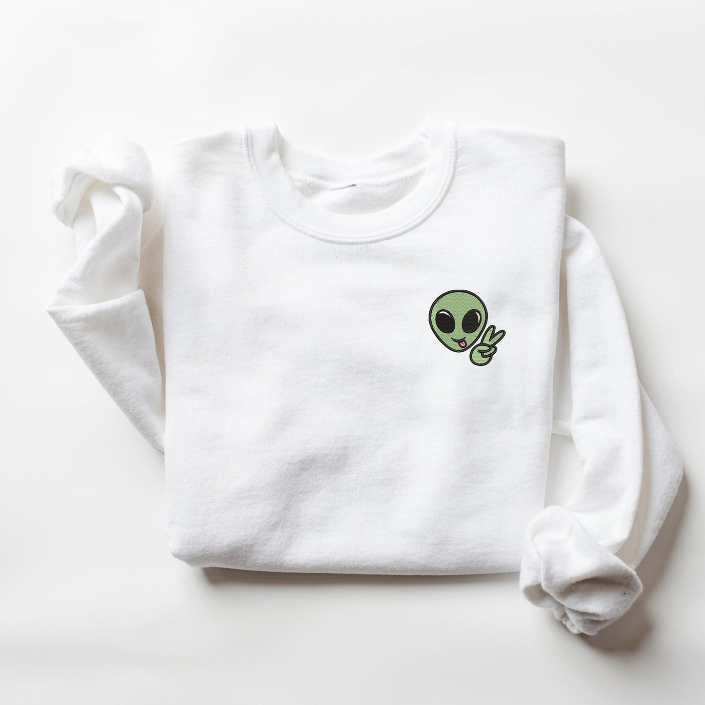 Embroidered Alien Peace Sign Sweatshirt: Cosmic Crewneck Pullover