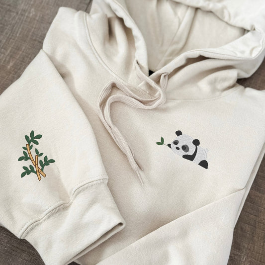 Embroidered Panda with Bamboo Sleeve Sweatshirt: Choose Crewneck Sweater or Hoodie