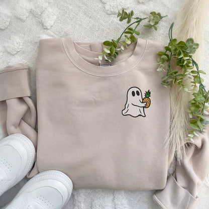 Embroidered Ghost Carrying Pineapple Pigment Dyed Crewneck Sweatshirt