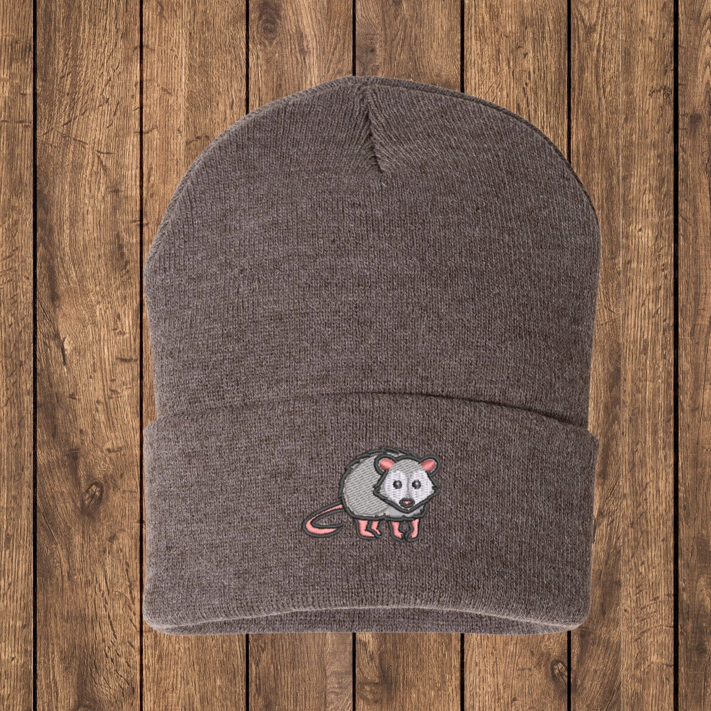 Embroidered Opossum Beanie: Woodland Animal Knit Hat