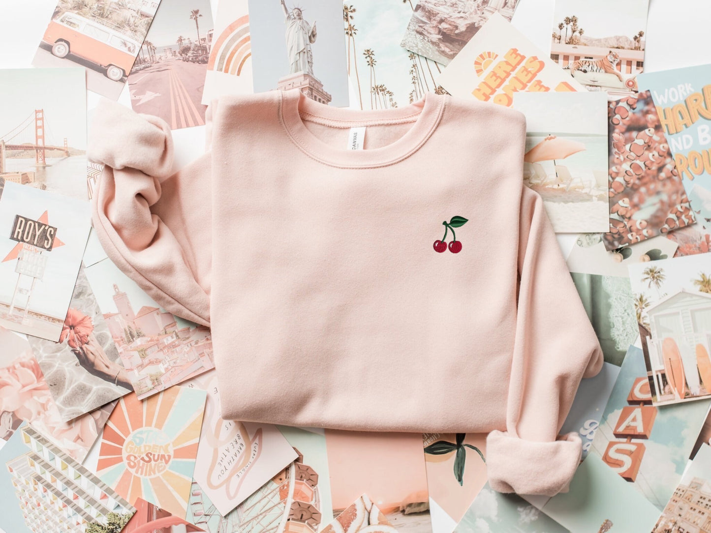 Embroidered Cherry Crewneck Sponge Fleece Sweatshirt, Women’s Mini Stitched Fruit Sweater, Cherry Lover