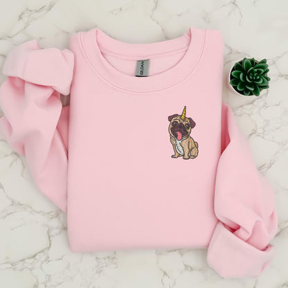 Embroidered Unicorn Pug Crewneck Sweatshirt: Unipug Sweatshirt or Hoodie