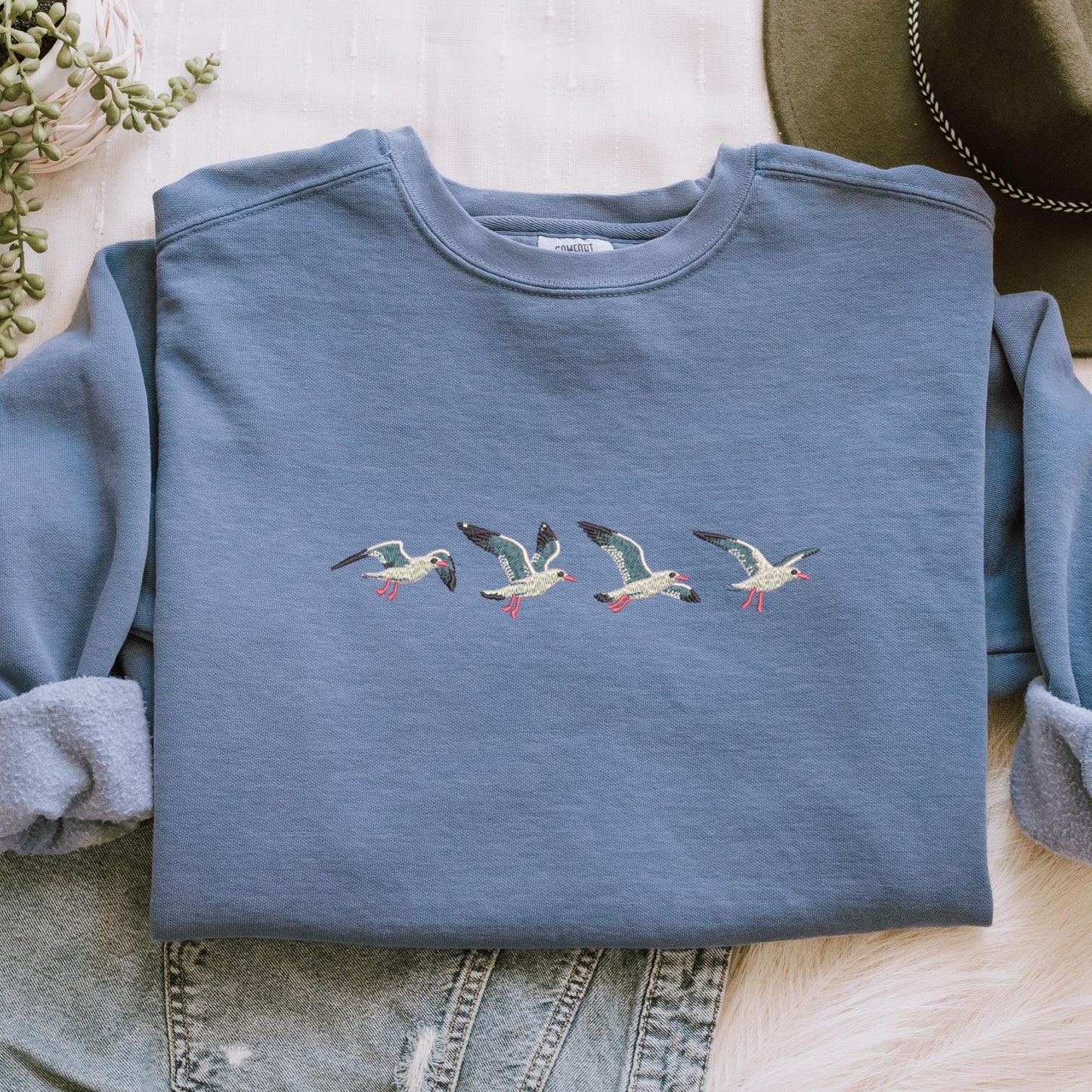 Embroidered Seagull Sweatshirt: Pigment Dyed Coastal Crewneck