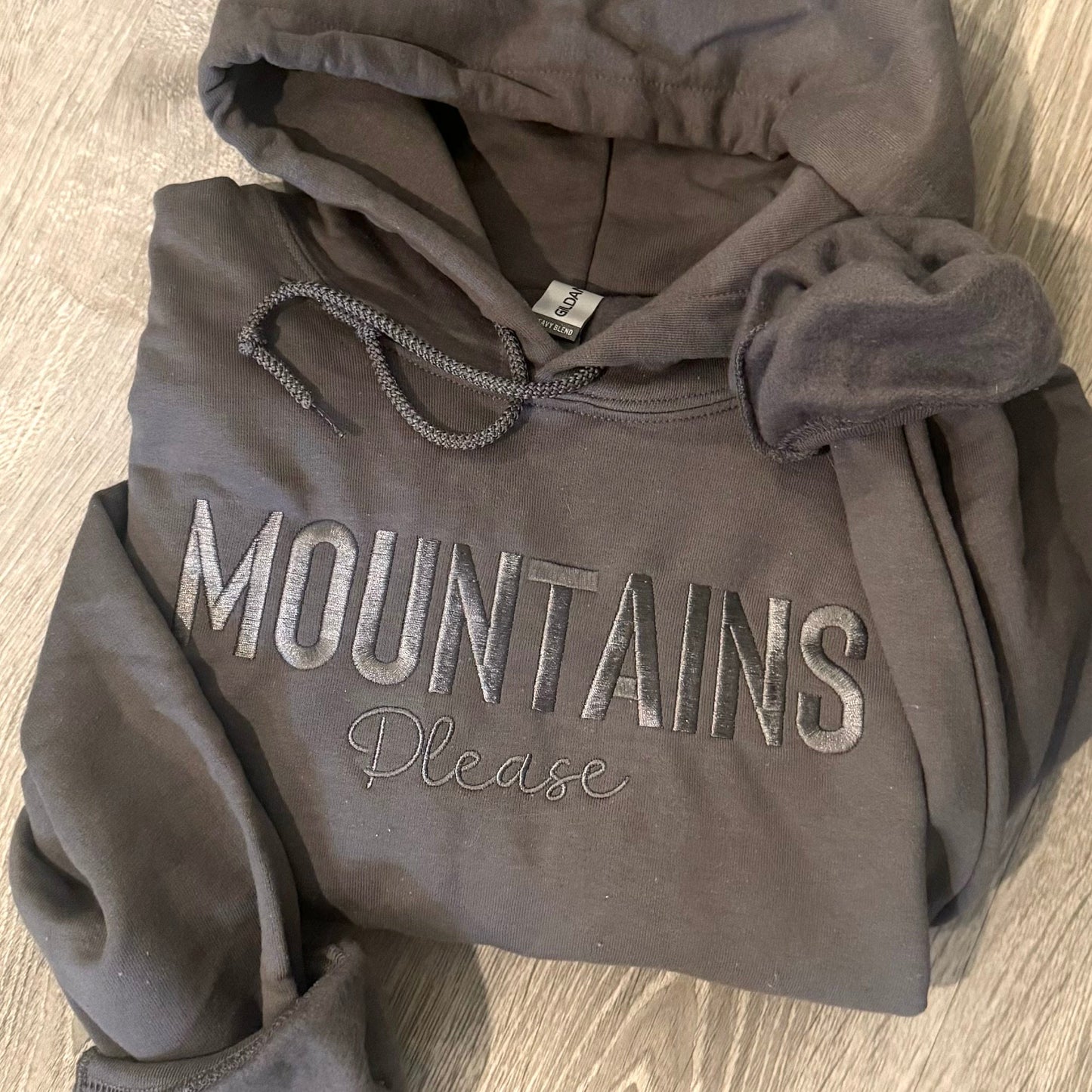Embroidered "Mountains Please" Hoodie: Outdoorsy Sweatshirt