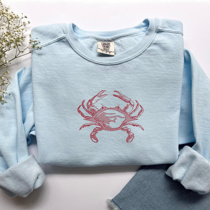 Embroidered Crab Sweatshirt: Pigment-Dyed Coastal Crewneck