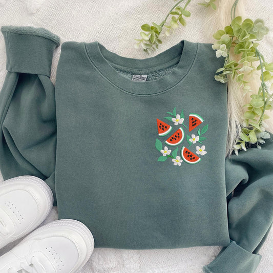 Embroidered Floral Watermelon Sweatshirt: Pigment-Dyed Floral Crewneck