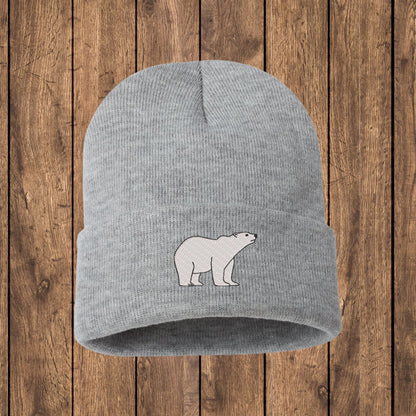 Embroidered Polar Bear Knit Beanie: Arctic Wildlife Hat