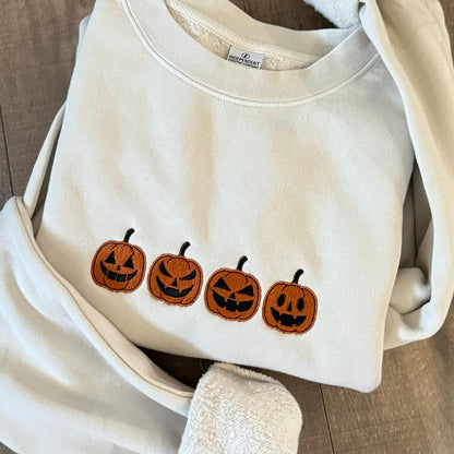 Embroidered Jack O'Lantern Sweatshirt: Pigment Dyed Halloween Pumpkins Pullover