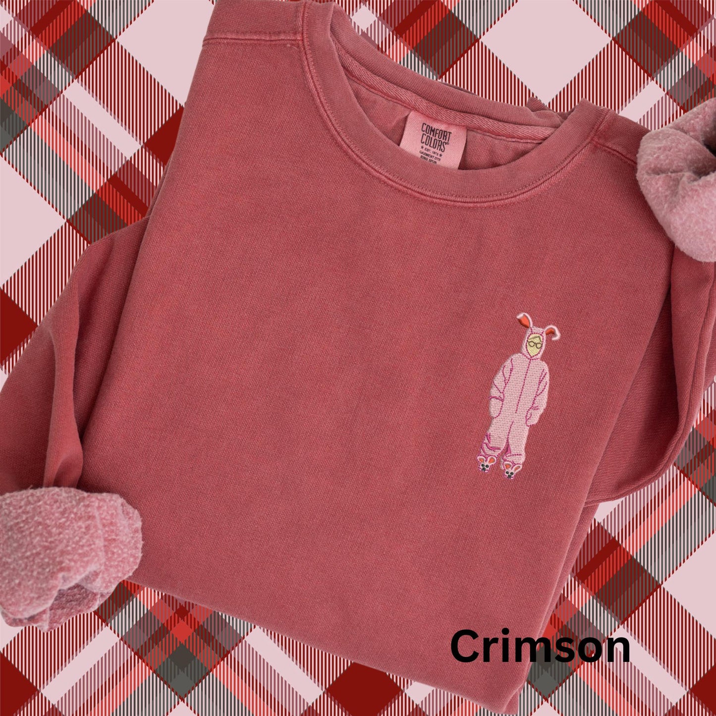 Embroidered Christmas Story Pigment Dyed Crewneck Sweatshirt: A Christmas Story Ralphie in Pink Bunny Costume