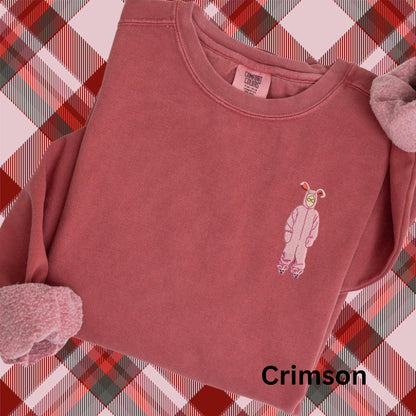 Embroidered Christmas Story Pigment Dyed Crewneck Sweatshirt: A Christmas Story Ralphie in Pink Bunny Costume
