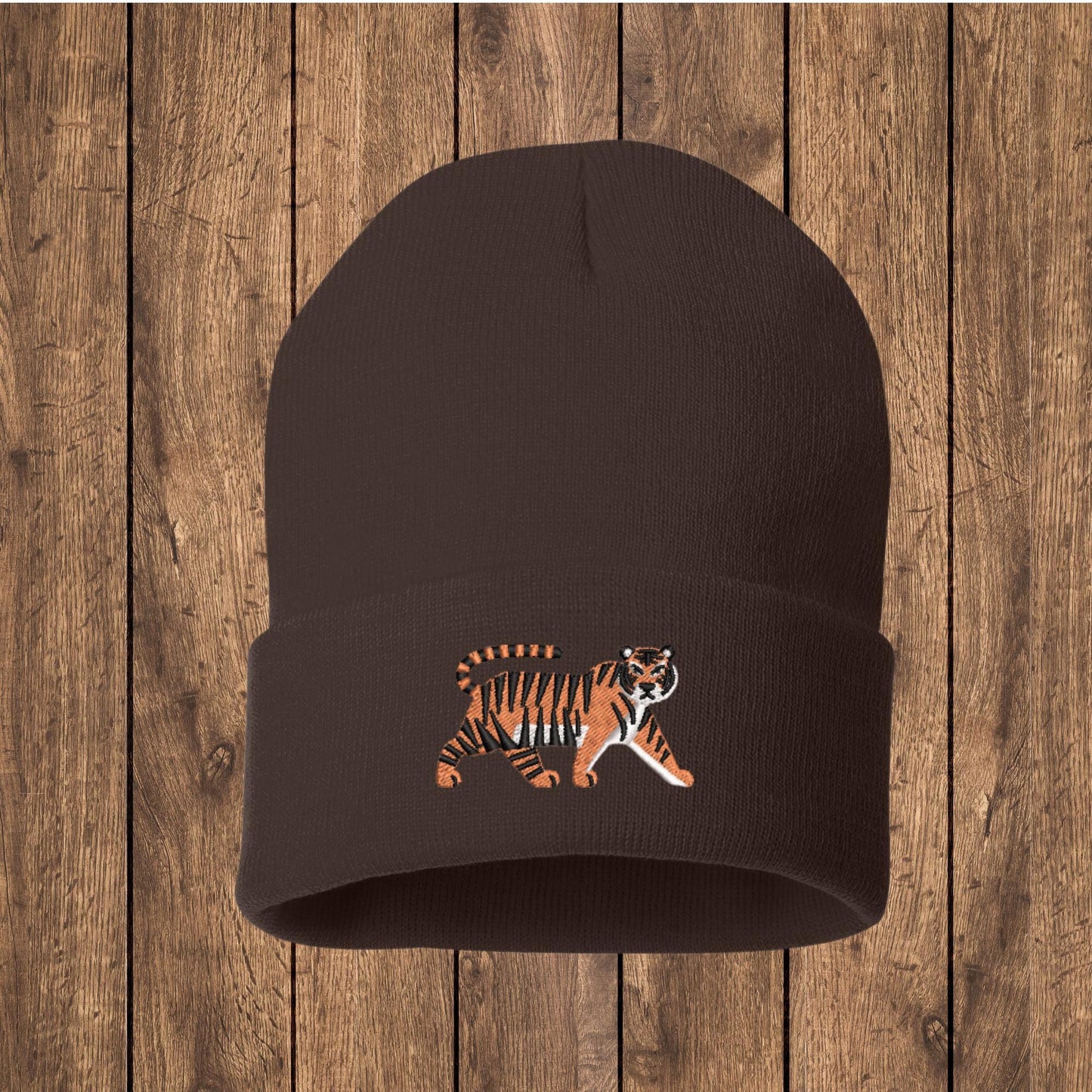 Embroidered Tiger Beanie: Jungle Cat Knit Hat