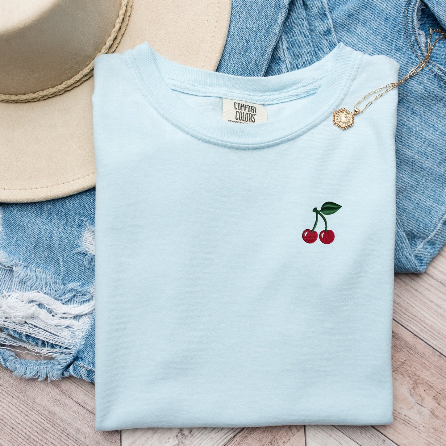 Embroidered Cherry T-Shirt: Garment Dyed Fruit Tee