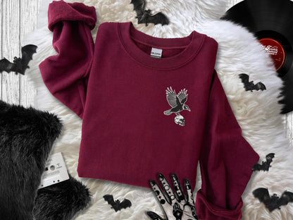 Embroidered Raven Skull Sweatshirt on Gildan: Unisex Gothic Halloween Pullover