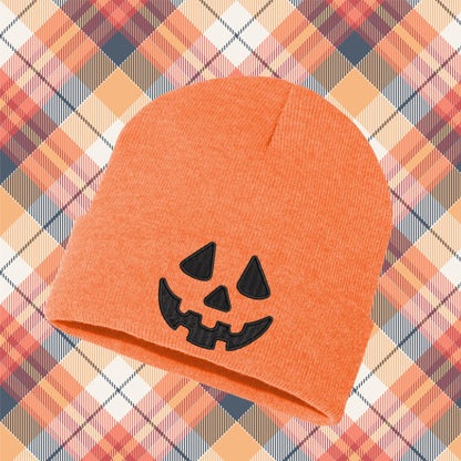 Embroidered Pumpkin Face Beanie: Knit Halloween Jack O Lantern Skull Cap