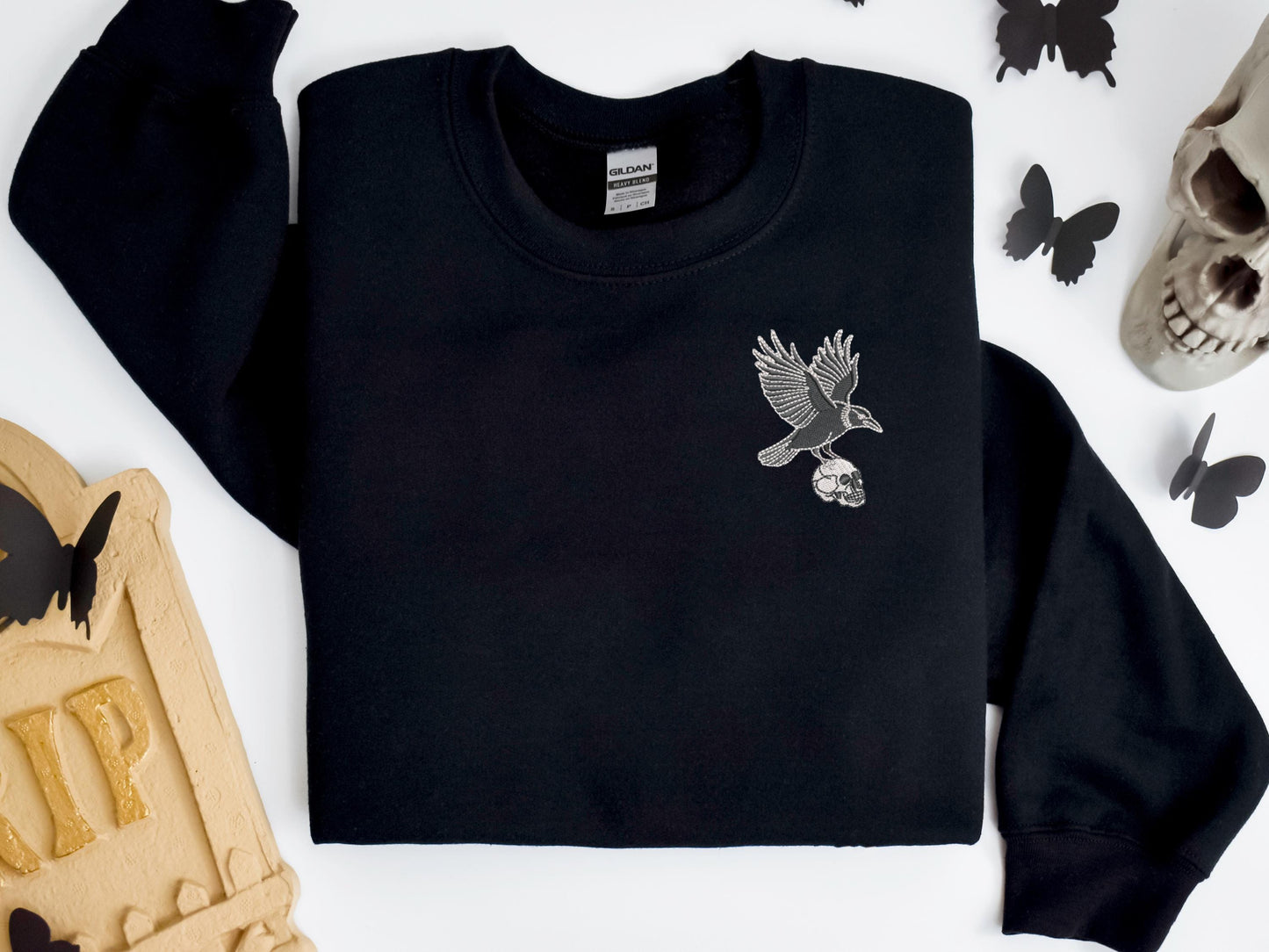 Embroidered Raven Skull Sweatshirt on Gildan: Unisex Gothic Halloween Pullover