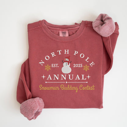 Embroidered Snowman Sweatshirt: Pigment-Dyed North Pole Contest Pullover