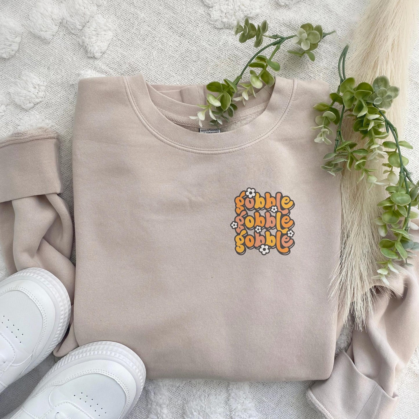 Embroidered Thanksgiving Gobble Crewneck Sweatshirt: Pigment Dyed Turkey Day Pullover