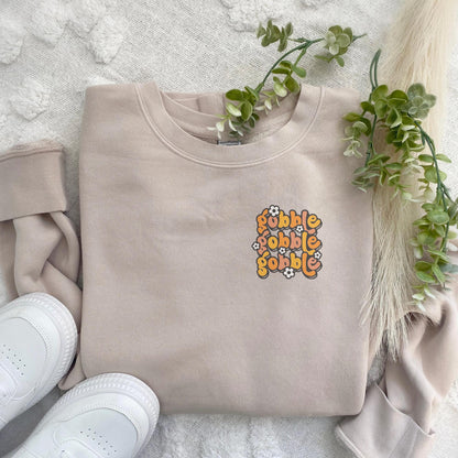 Embroidered Thanksgiving Gobble Crewneck Sweatshirt: Pigment Dyed Turkey Day Pullover
