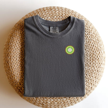 Embroidered Kiwi T-shirt: Garment-Dyed Minimalist Fruit Tee