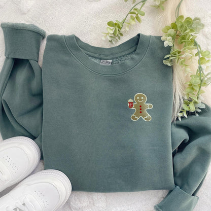 Embroidered Coffee Drinking Gingerbread Cookie Sweatshirt: High Quality Pigment Dyed Christmas Pullover