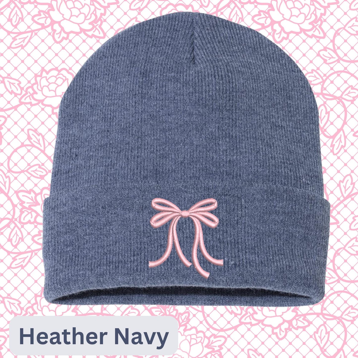 Embroidered Bow Beanie: Coquette Mini Pink Bow Skull Hat