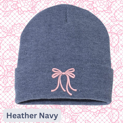 Embroidered Bow Beanie: Coquette Mini Pink Bow Skull Hat