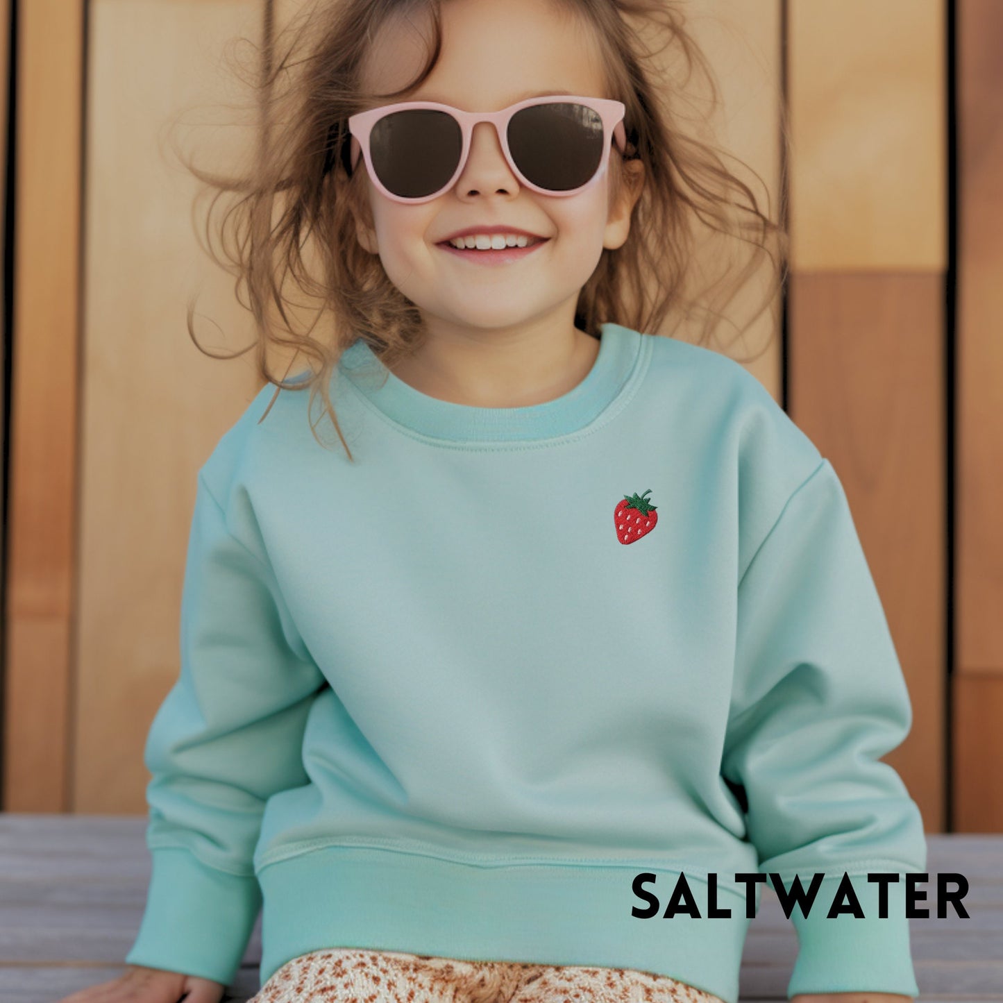 Embroidered Kids Strawberry Sweatshirt: Stitched Fruit Crewneck