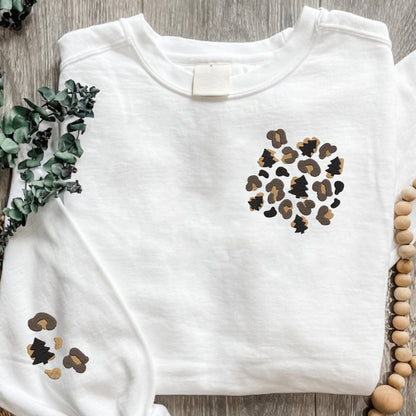 Embroidered Christmas Cheetah Print Crewneck Sweatshirt: Pigment Dyed Tree Leopard Print Pullover