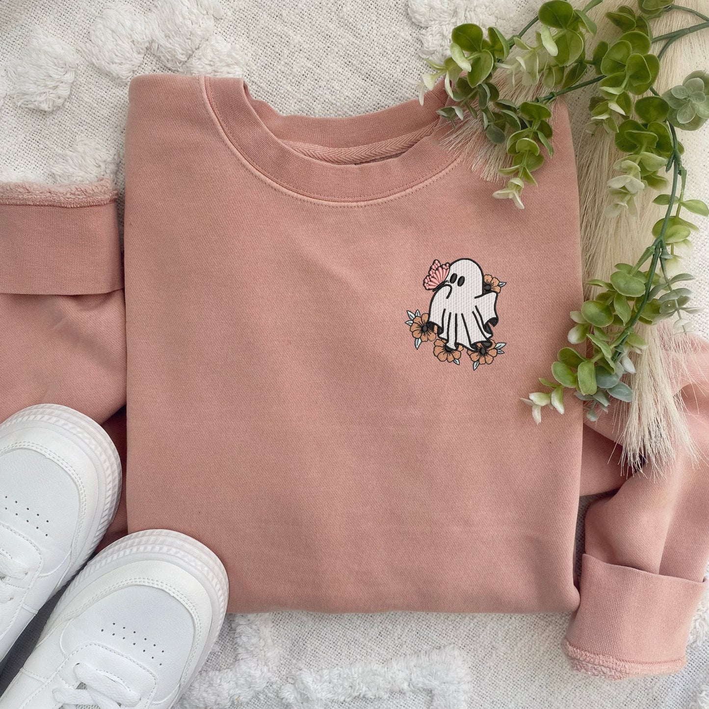 Embroidered Ghost Sweatshirt: Spooky Retro Butterfly Pullover