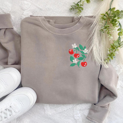 Embroidered Floral Cherry Sweatshirt: Pigment-Dyed Coquette Crewneck