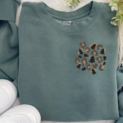 Embroidered Christmas Cheetah Print Crewneck Sweatshirt: Pigment Dyed Tree Leopard Print Pullover