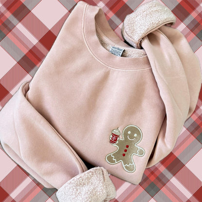 Embroidered Coffee Drinking Gingerbread Cookie Sweatshirt: High Quality Pigment Dyed Christmas Pullover