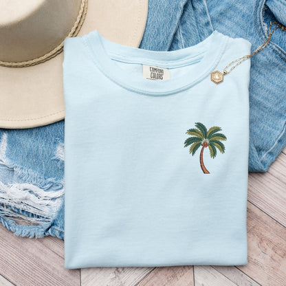 Embroidered Palm Tree T-Shirt: Pigment-Dyed Coastal Tee