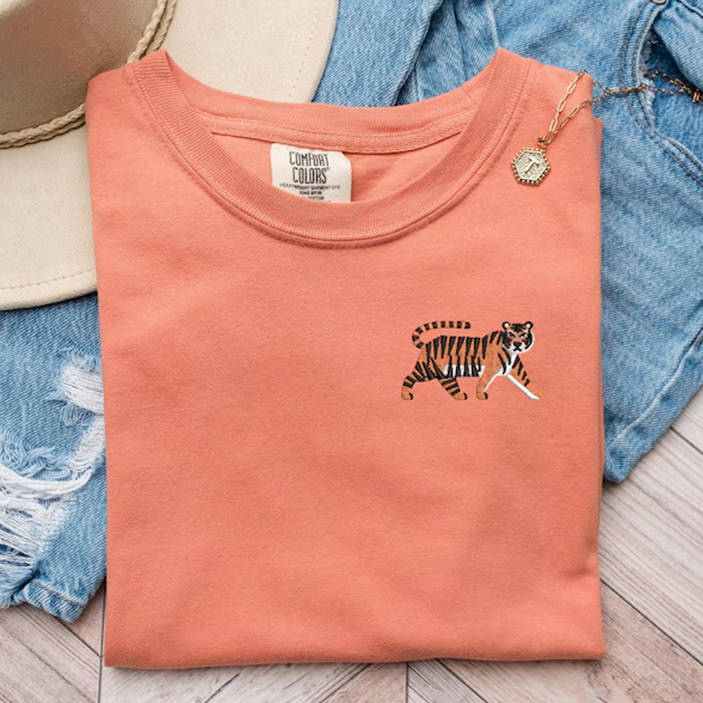 Embroidered Tiger T-Shirt: Pigment-Dyed Jungle Cat Tee