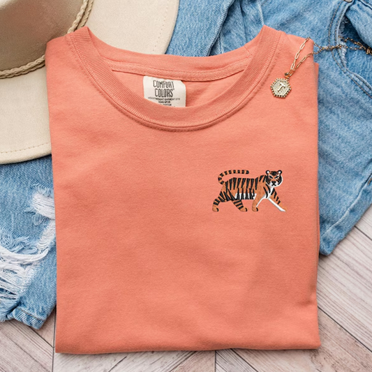 Embroidered Tiger T-Shirt: Pigment-Dyed Jungle Cat Tee