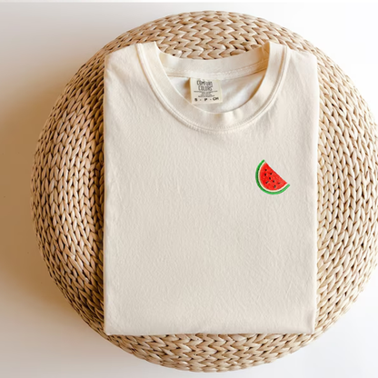 Embroidered Minimalist Watermelon T-shirt: Garment Dyed Fruit Tee