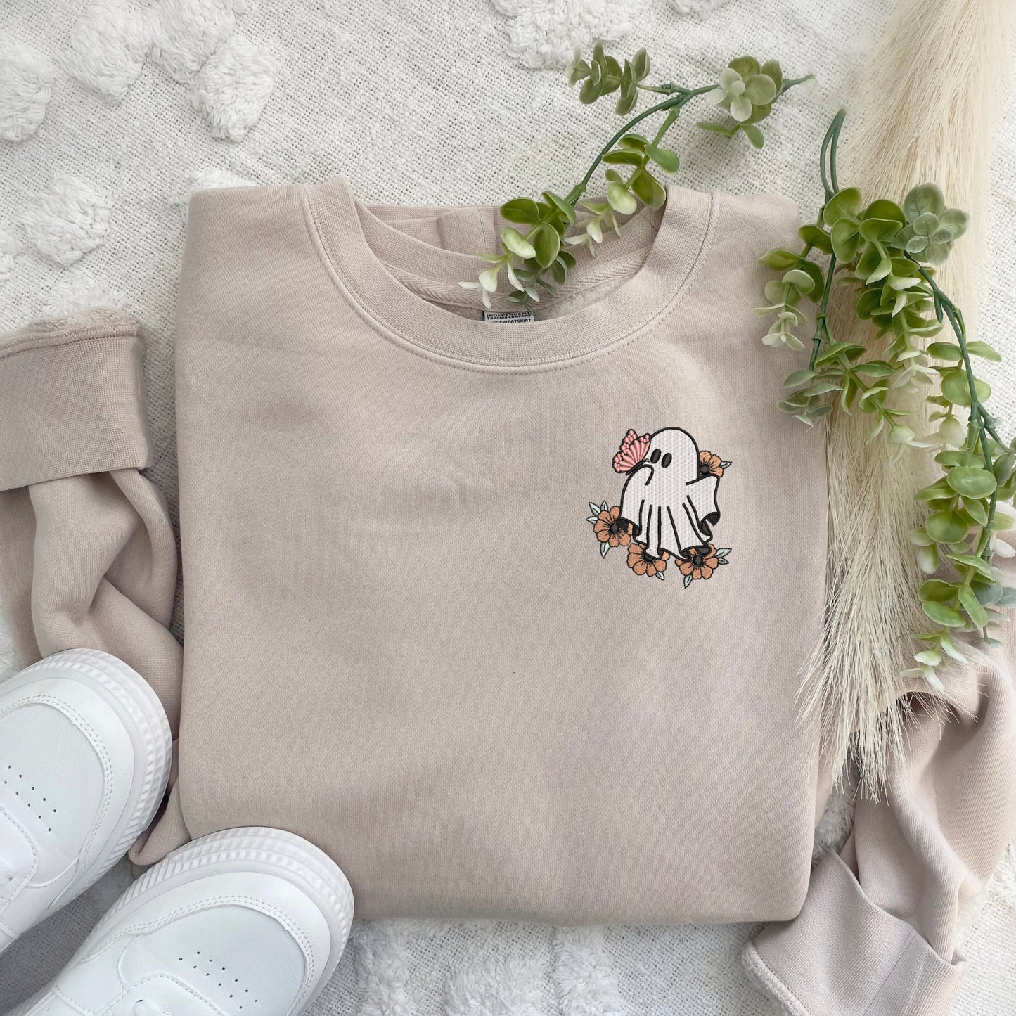 Embroidered Ghost Sweatshirt: Spooky Retro Butterfly Pullover