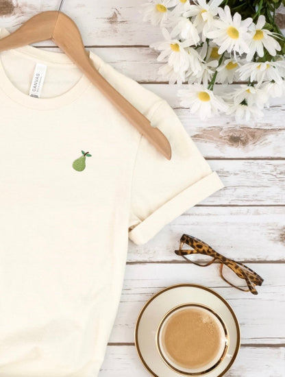 Embroidered Unisex Pear T-Shirt: Stitched Minimalist Mini Fruit Tee