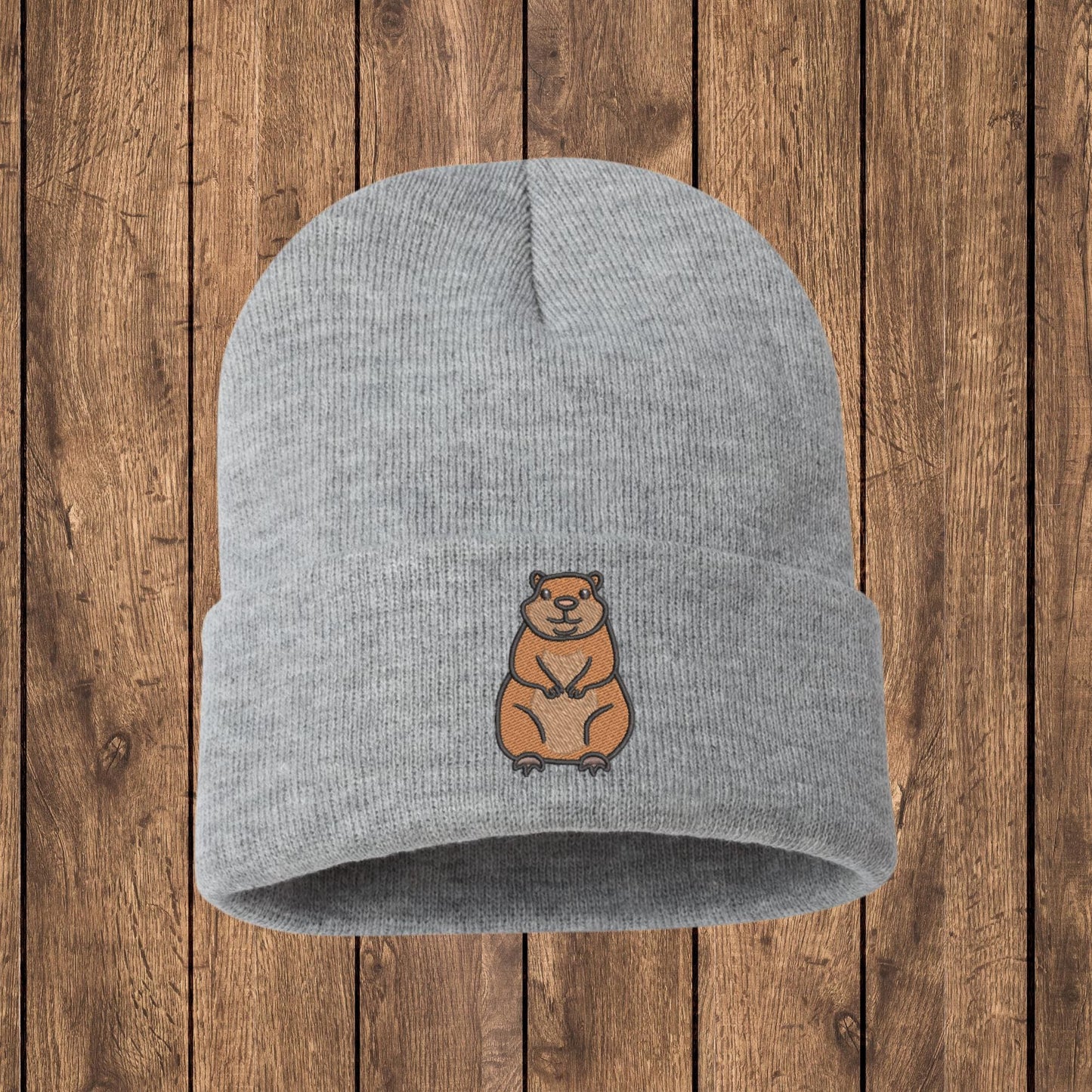 Embroidered Groundhog Beanie: Knit Woodland Animal Skull Cap