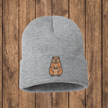 Embroidered Groundhog Beanie: Knit Woodland Animal Skull Cap