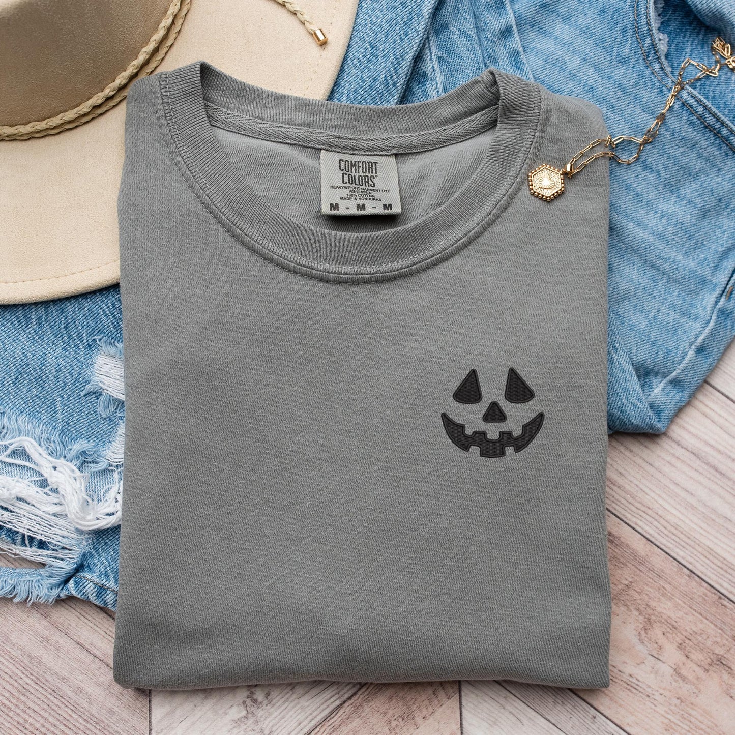 Embroidered Pumpkin Face T-Shirt: Pigment Dyed Halloween Tee