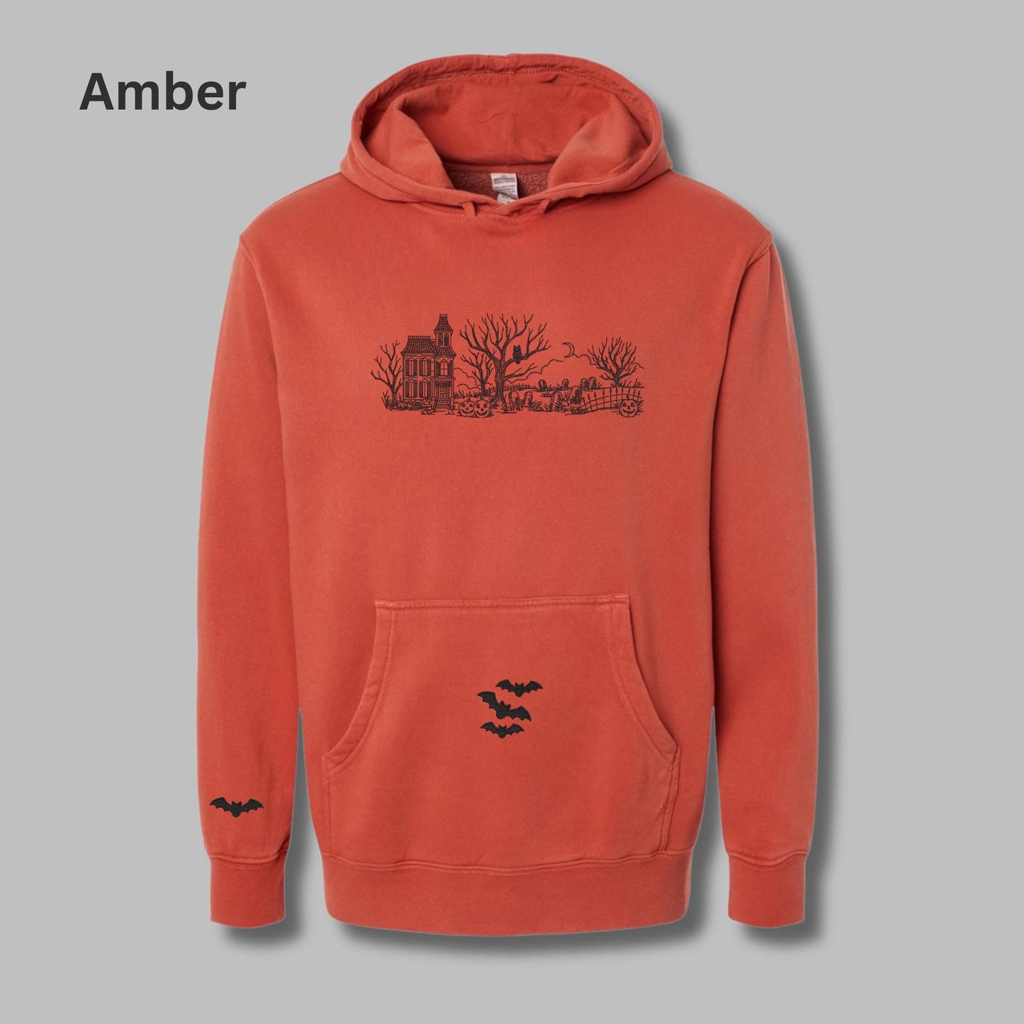 Embroidered Haunted House Hoodie with Bat Sleeve and Kangaroo Pocket: Pigment-Dyed Halloween Pullover