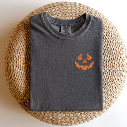 Embroidered Pumpkin Face T-Shirt: Pigment Dyed Halloween Tee