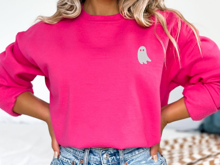 Viral Pink Ghost Embroidered Sweatshirt, Trendy Pink and White Ghost Blanket Crewneck Sweater, Halloween Ghost Pullover, Spooky Season