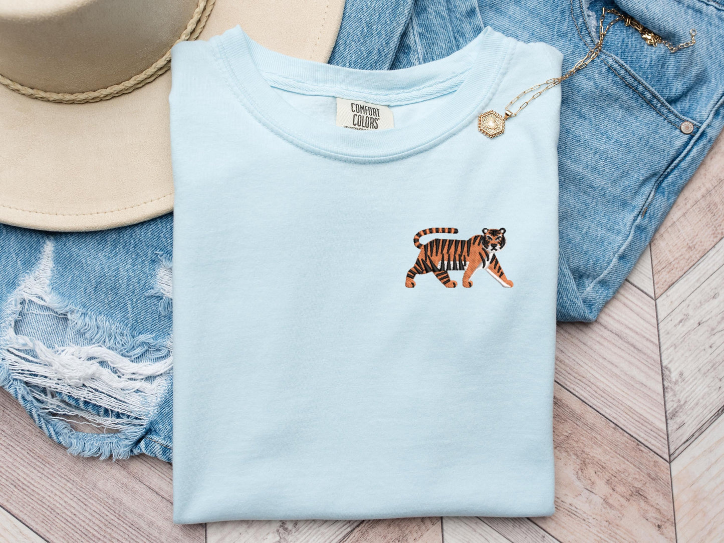 Embroidered Tiger T-Shirt: Pigment-Dyed Jungle Cat Tee