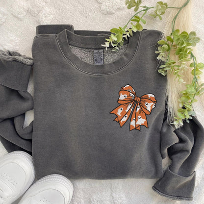 Embroidered Coquette Ghost Halloween Bow Sweatshirt: Pigment Dyed