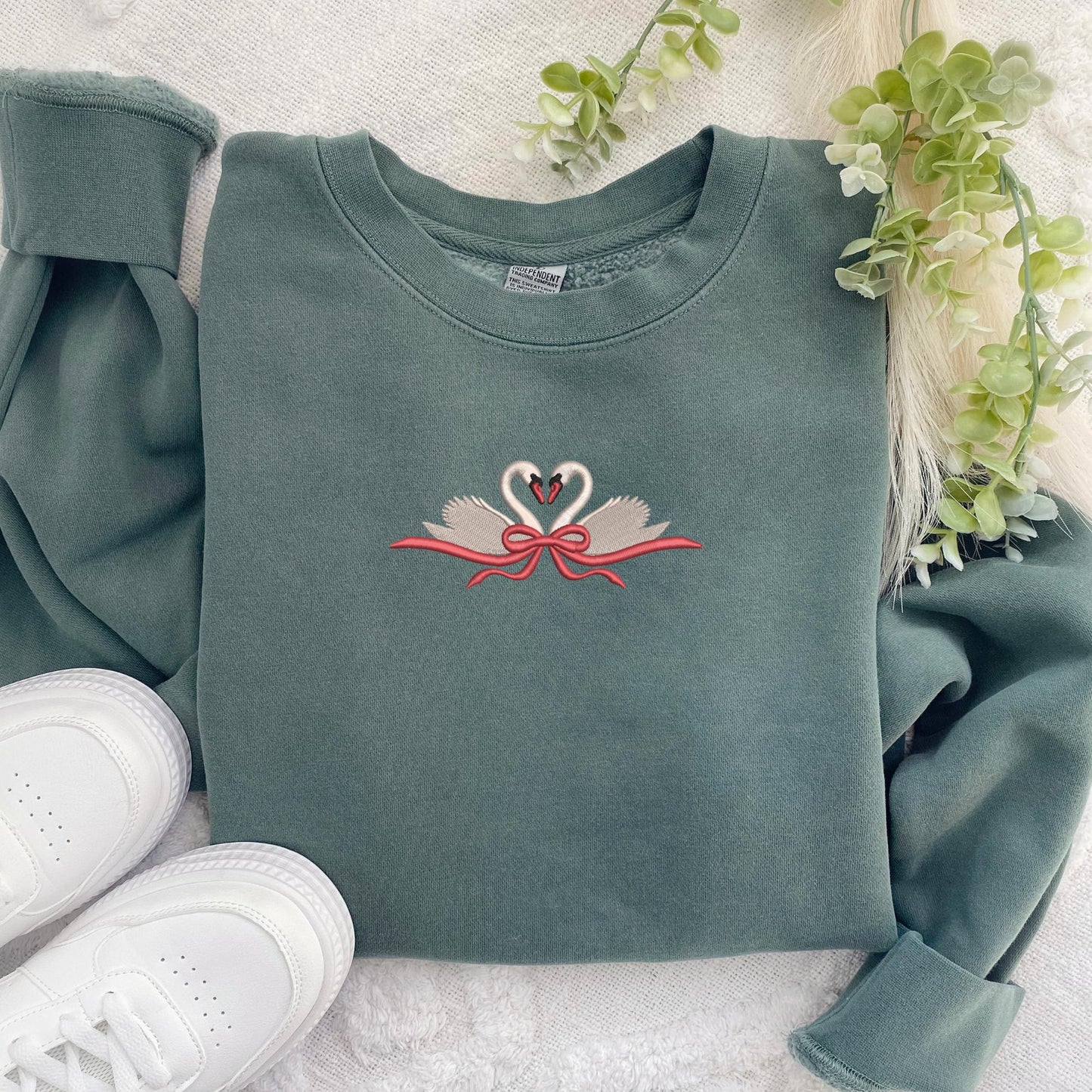 Embroidered Swan Couples Sweatshirt: Coquette Bow Pullover, Romantic Gift