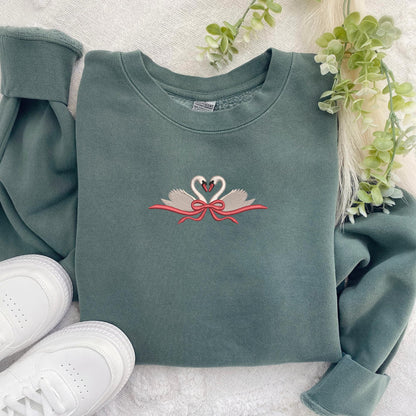 Embroidered Swan Couples Sweatshirt: Coquette Bow Pullover, Romantic Gift