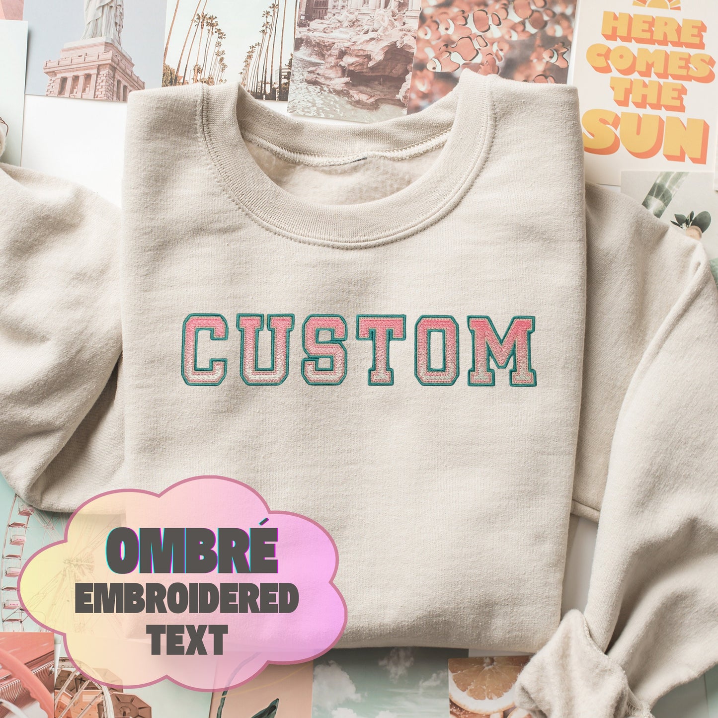 Custom Embroidered Ombré Text Sweatshirt: Varsity Letter Crewneck